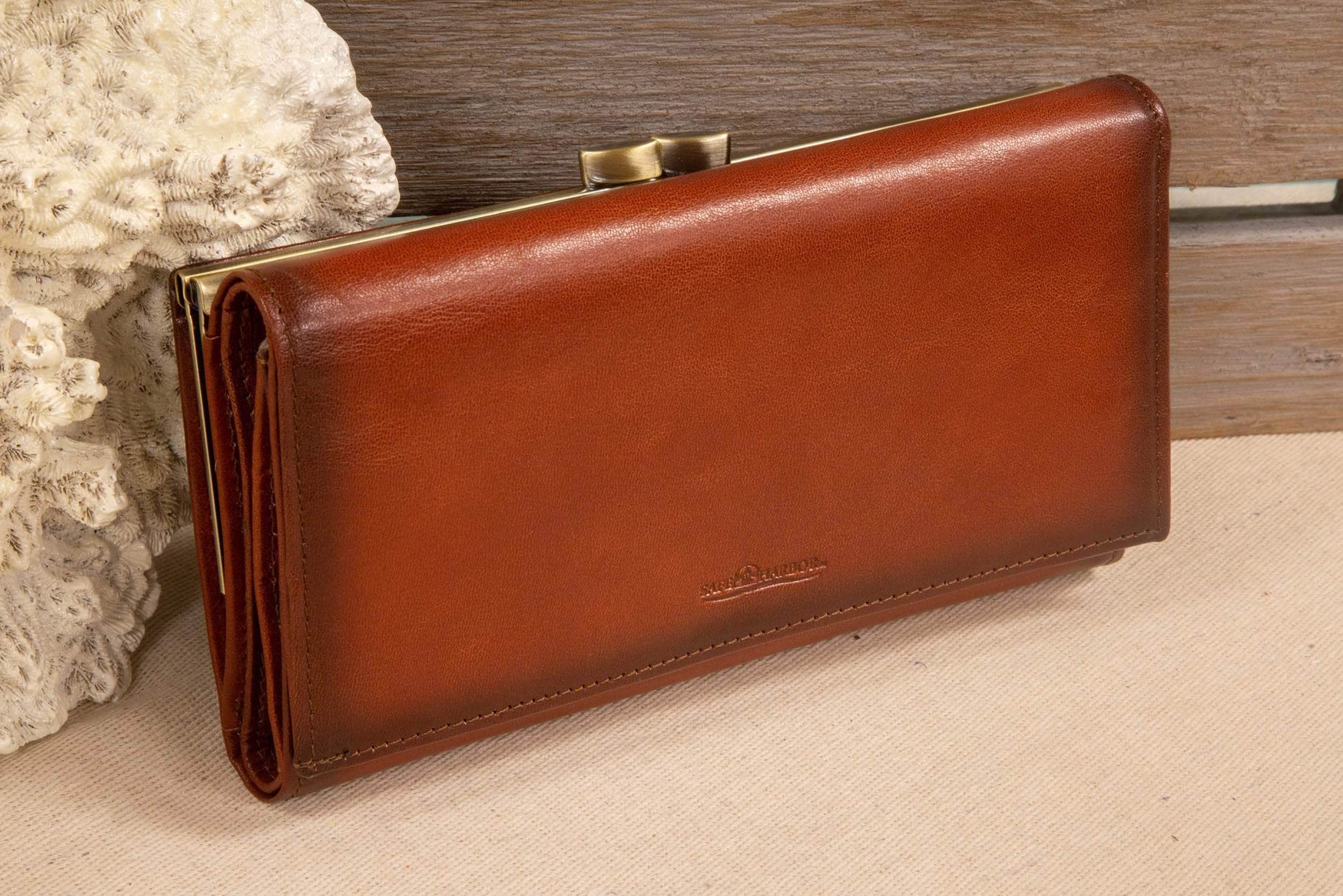 ID Stronghold Safe Harbor Ladies Wallet Light Brown Safe Harbor Womens Wallet - RFID Antique Kiss Clasp Clutch
