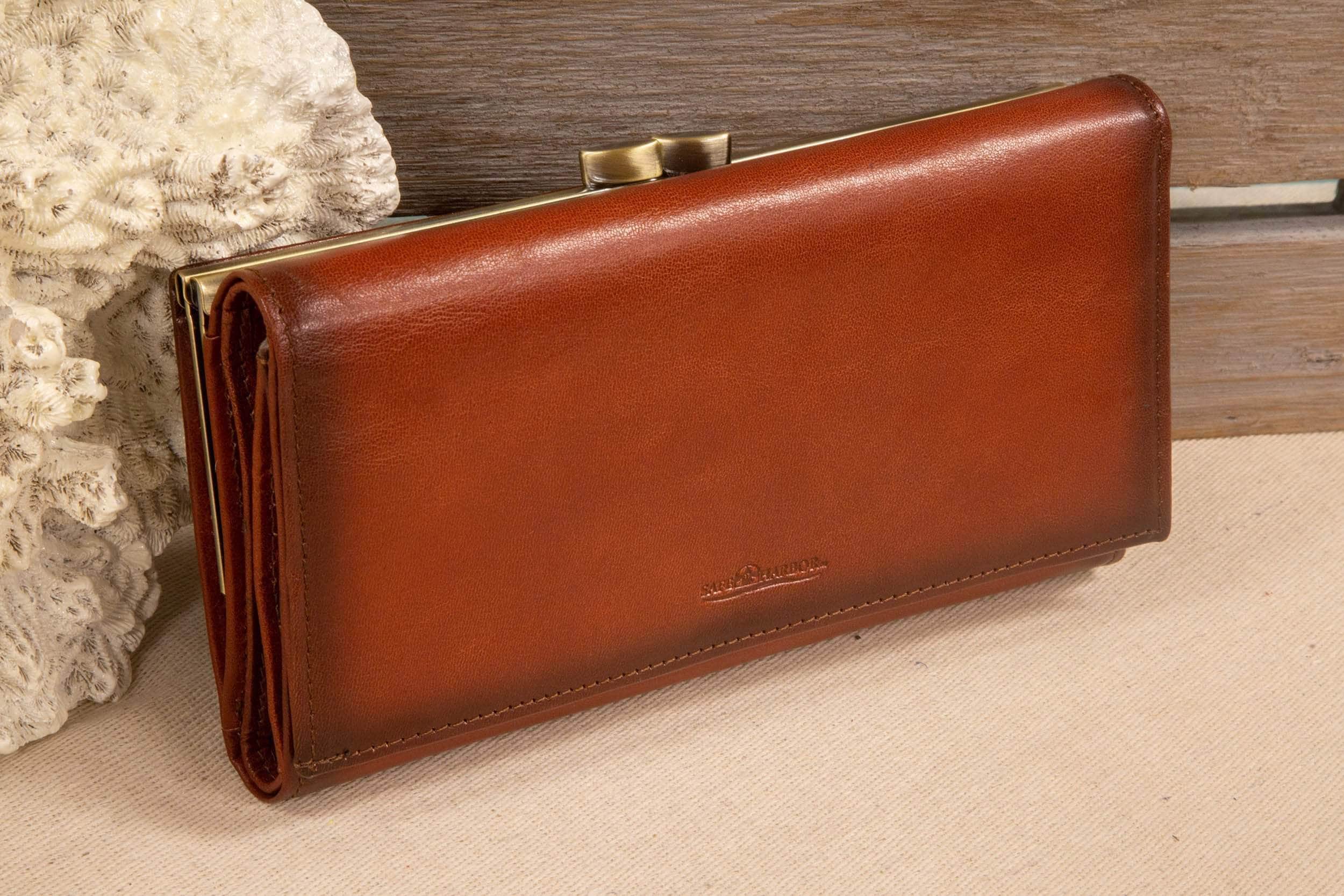 Safe Harbor RFID Womens Wallet - Antique Slim Kiss Clasp Clutch