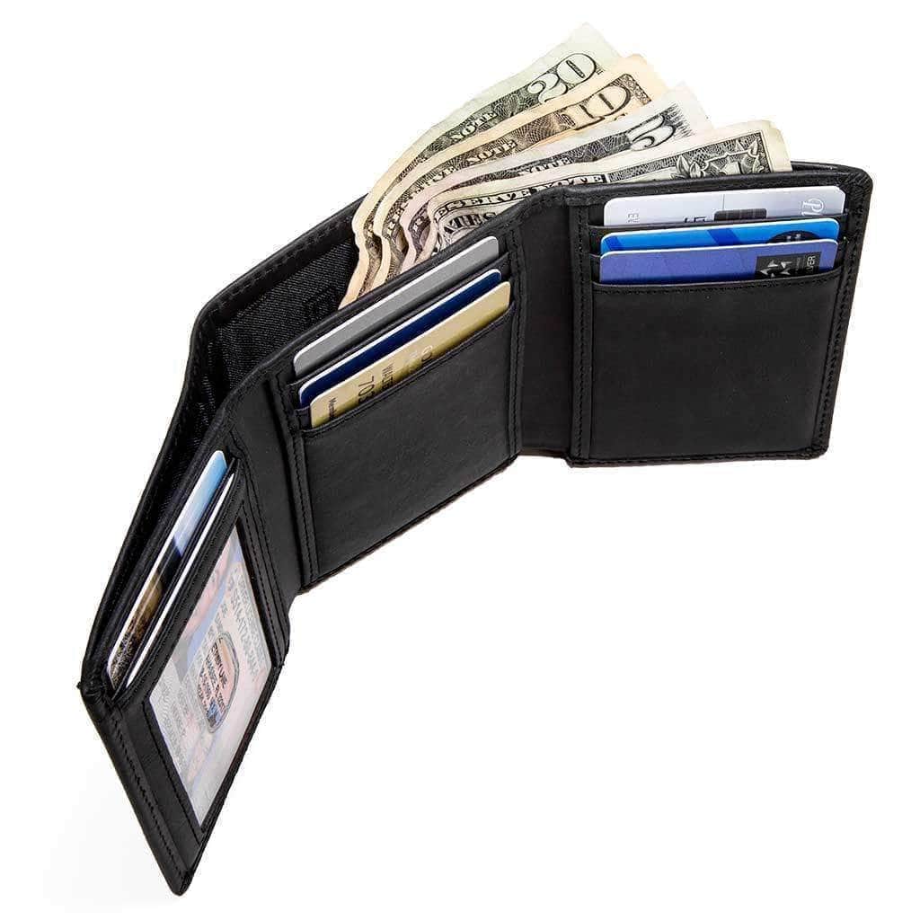 Mens RFID 8 Slot Trifold Wallet - Classic Leather - Black - IDSH7026 - blk