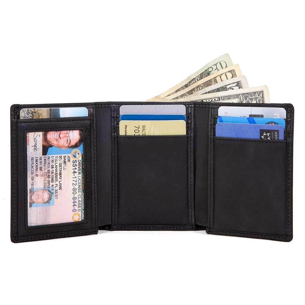 Mens RFID 8 Slot Trifold Wallet - Classic Leather - Black - IDSH7026 - blk