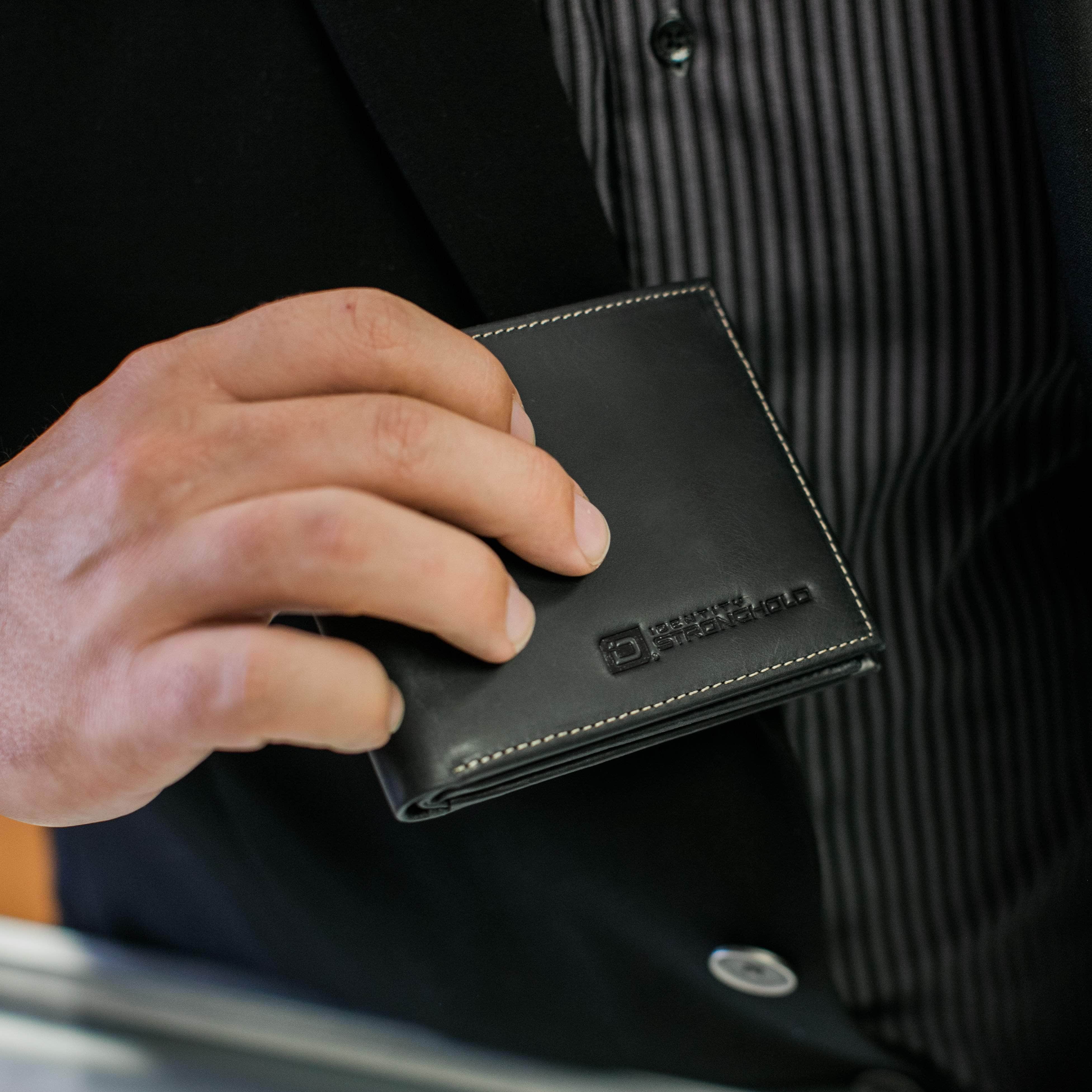 Mens RFID Blocking Bifold Wallet 10 slot - Classic Leather - Black - IDSH7005B - blk