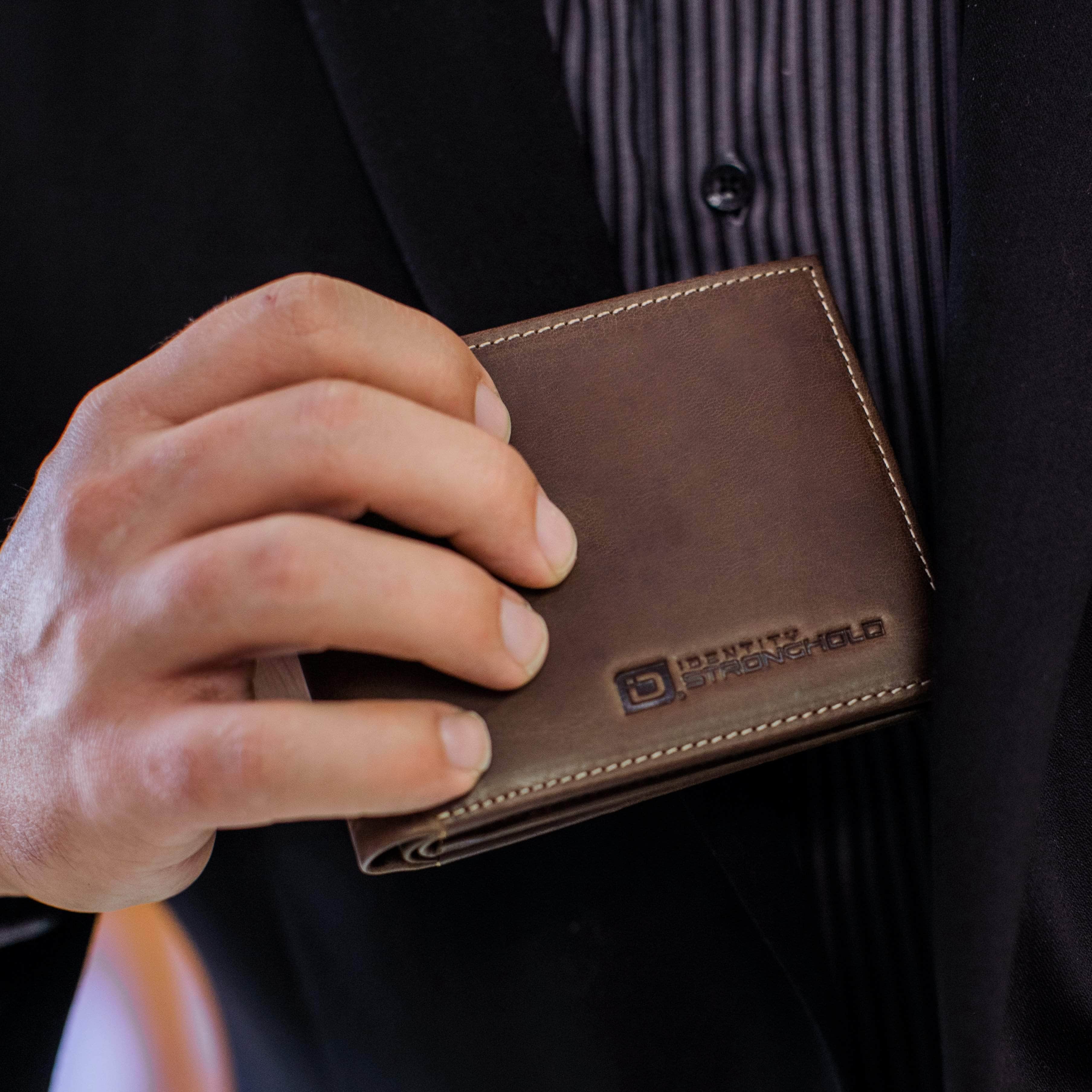 Mens RFID Blocking Bifold Wallet 10 slot - Classic Leather - Brown - IDSH7005B - brn