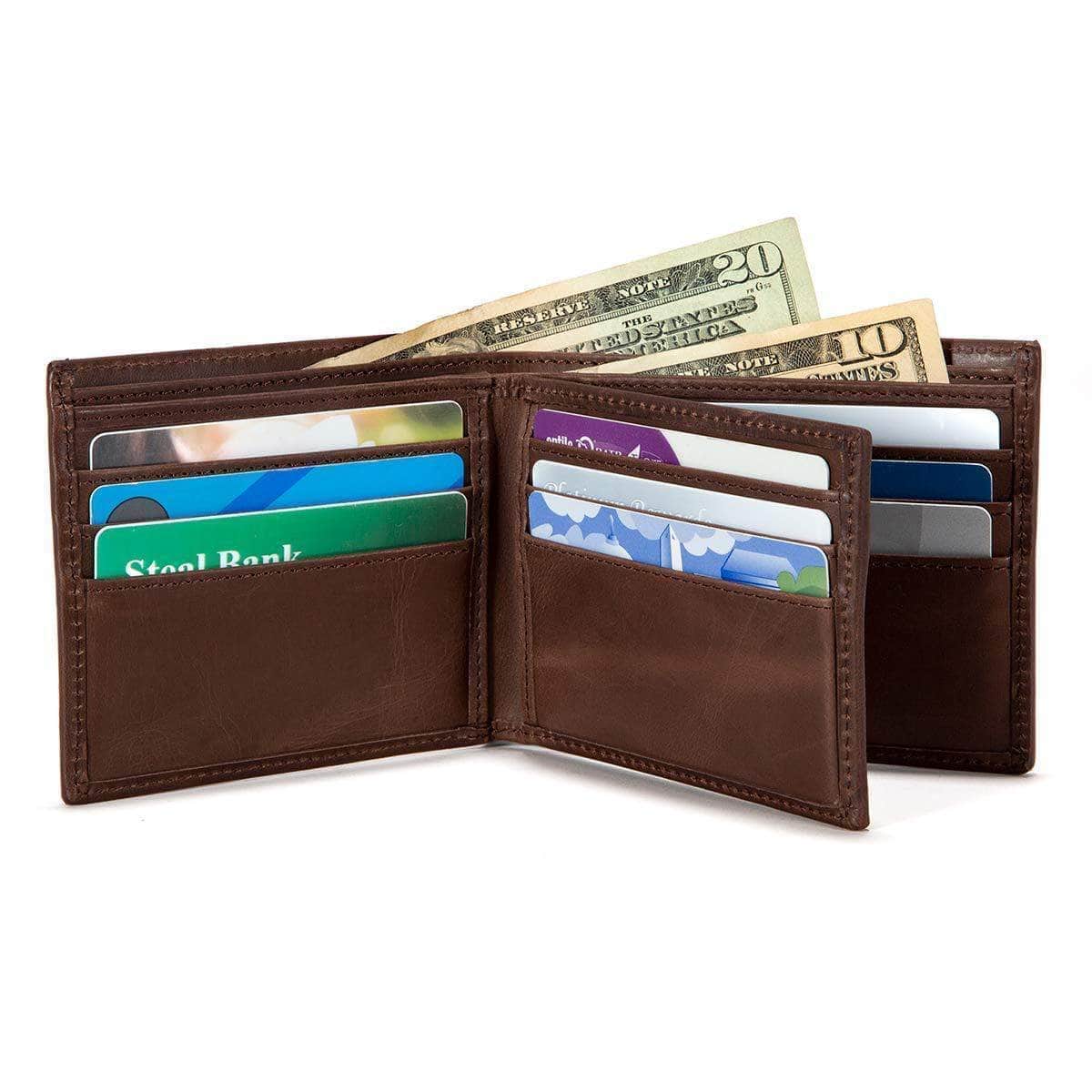 Mens RFID Blocking Bifold Wallet 10 slot - Classic Leather - Brown - IDSH7005B - brn