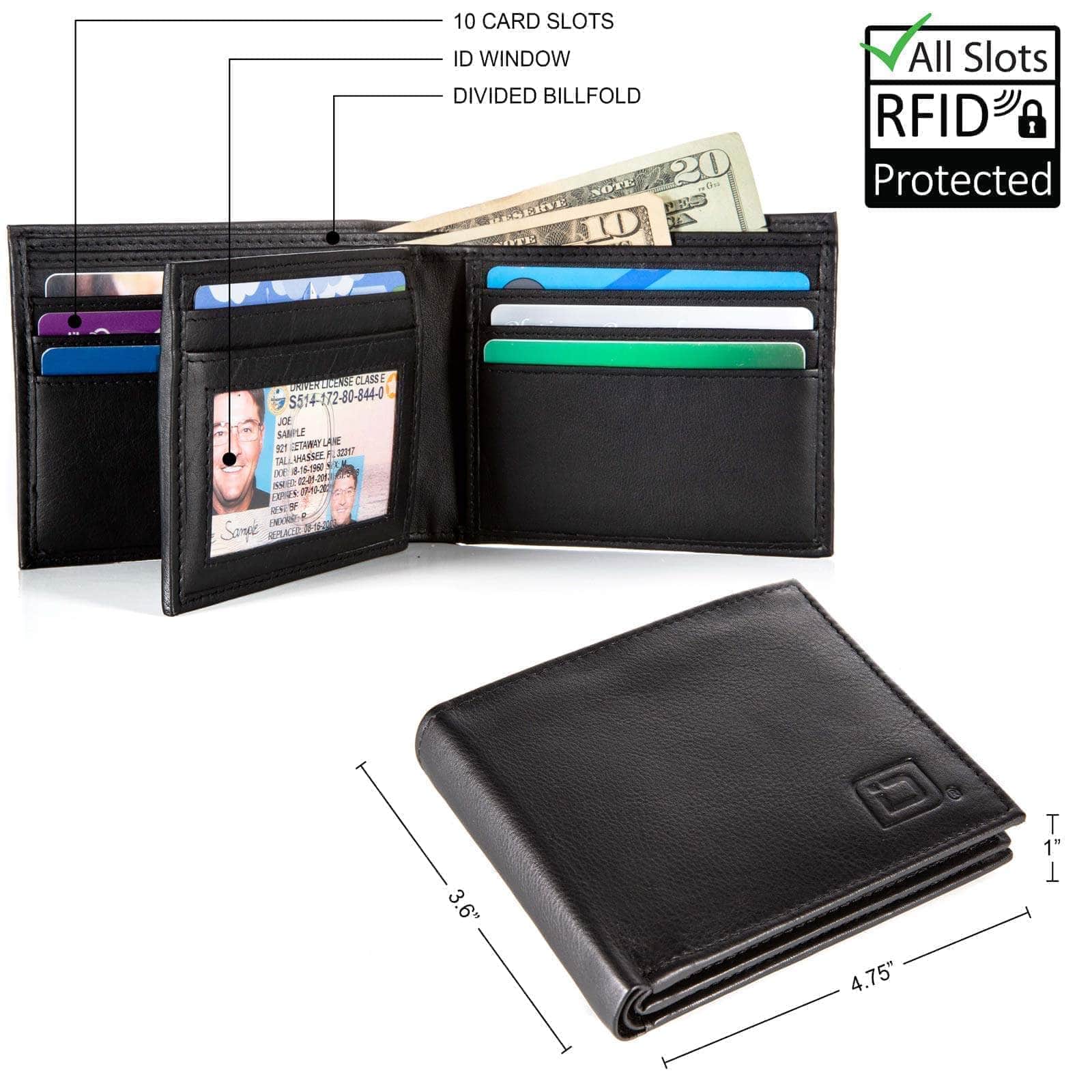 ID Stronghold Men's Wallet Mens RFID Wallet -  10 Slot Bifold Wallet with ID Window