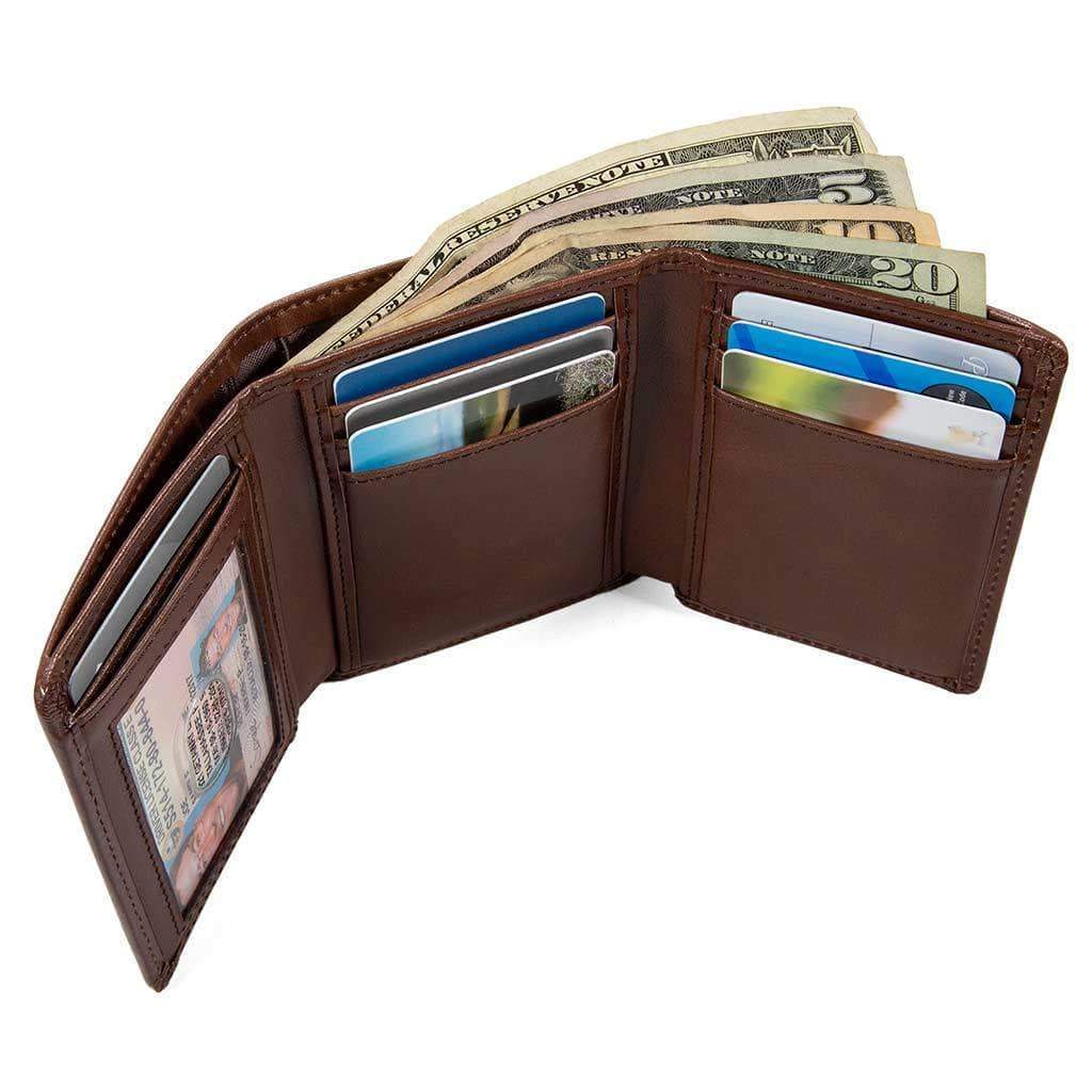 Mens RFID Wallet - 8 Slot Trifold Stonewashed Leather Wallet - IDSH7027 - brn