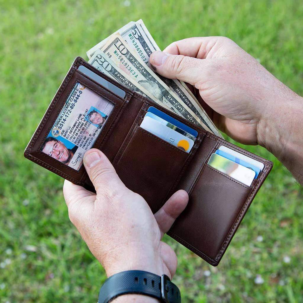 Mens RFID Wallet - 8 Slot Trifold Stonewashed Leather Wallet - IDSH7027 - brn