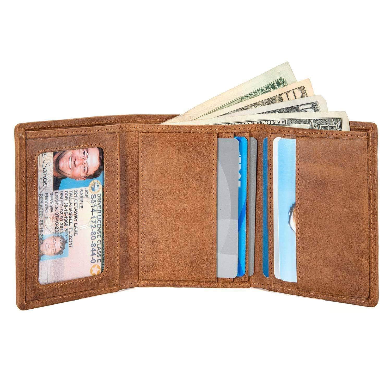 Mens Slim RFID Trifold Wallet with ID in Leather and Nylon - Brown - IDSH7031 - ltbrn