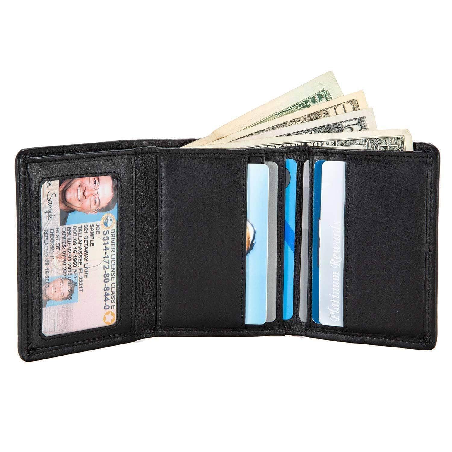 Mens Slim RFID Trifold Wallet with ID in Leather and Nylon - Black - IDSH7031 - blk