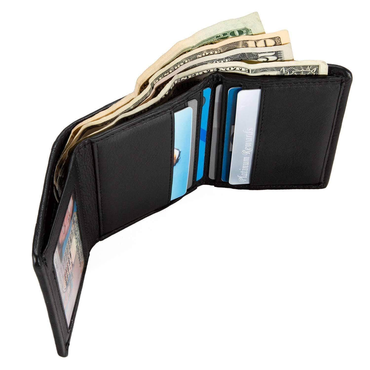 Mens Slim RFID Trifold Wallet with ID in Leather and Nylon - Black - IDSH7031 - blk