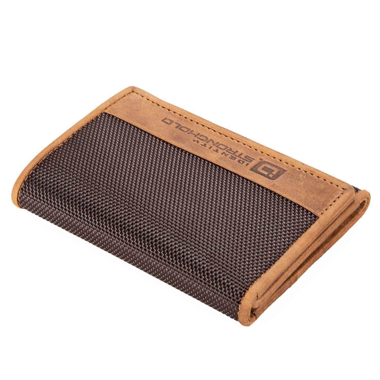 Mens Slim RFID Trifold Wallet with ID in Leather and Nylon - Brown - IDSH7031 - ltbrn