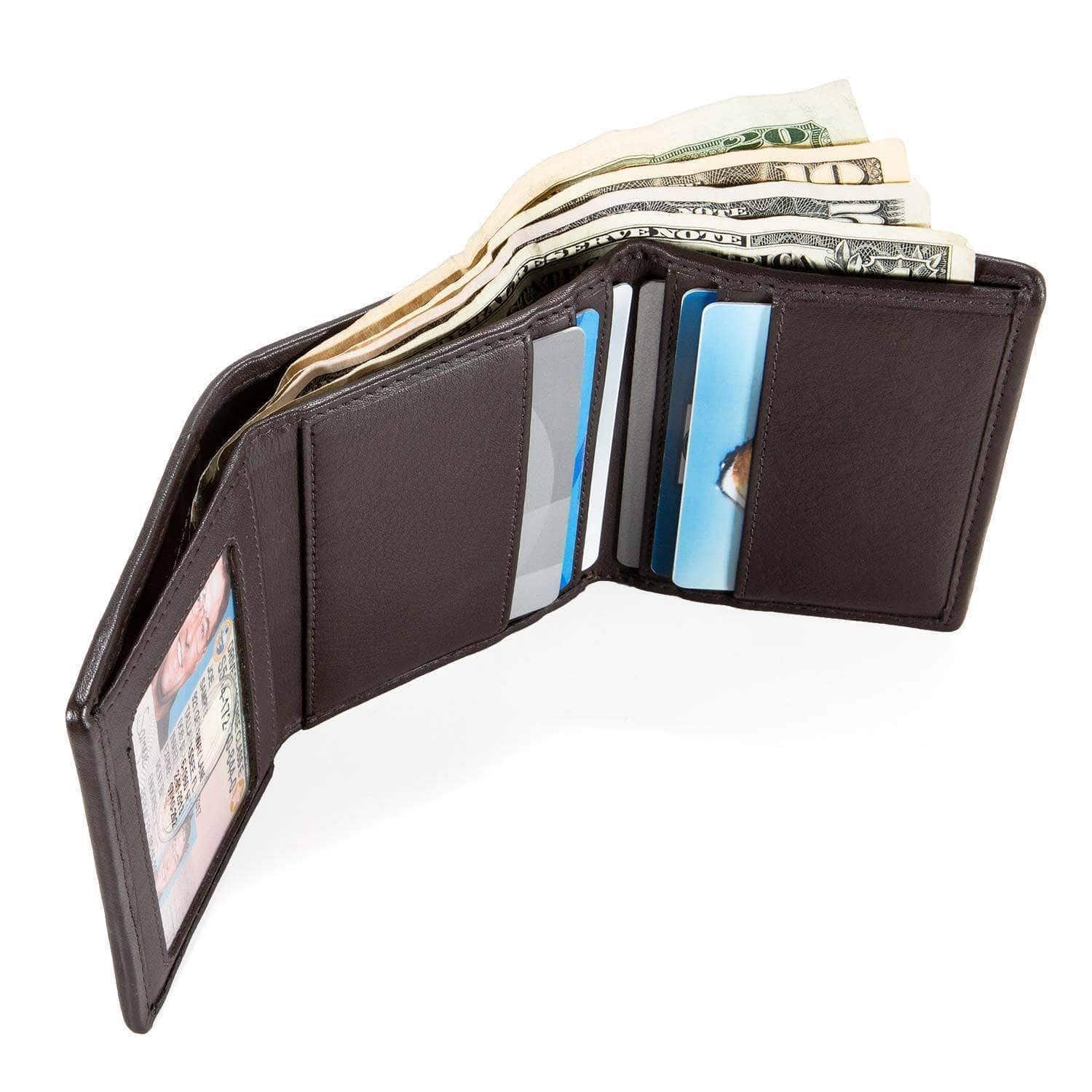 Mens Slim RFID Trifold Wallet with ID in Leather and Nylon - Dark Brown - IDSH7031 - dkbrn