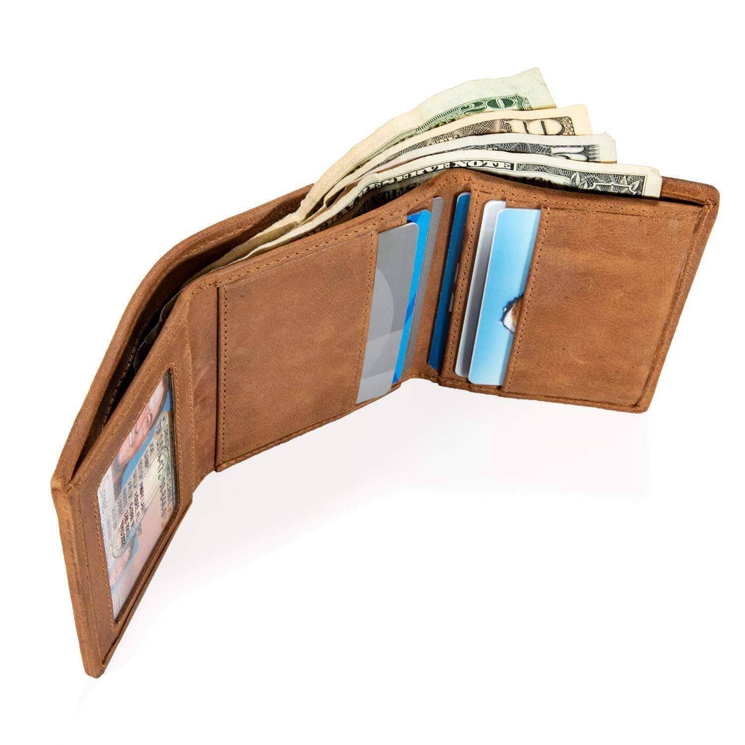 Mens Slim RFID Trifold Wallet with ID in Leather and Nylon - Brown - IDSH7031 - ltbrn