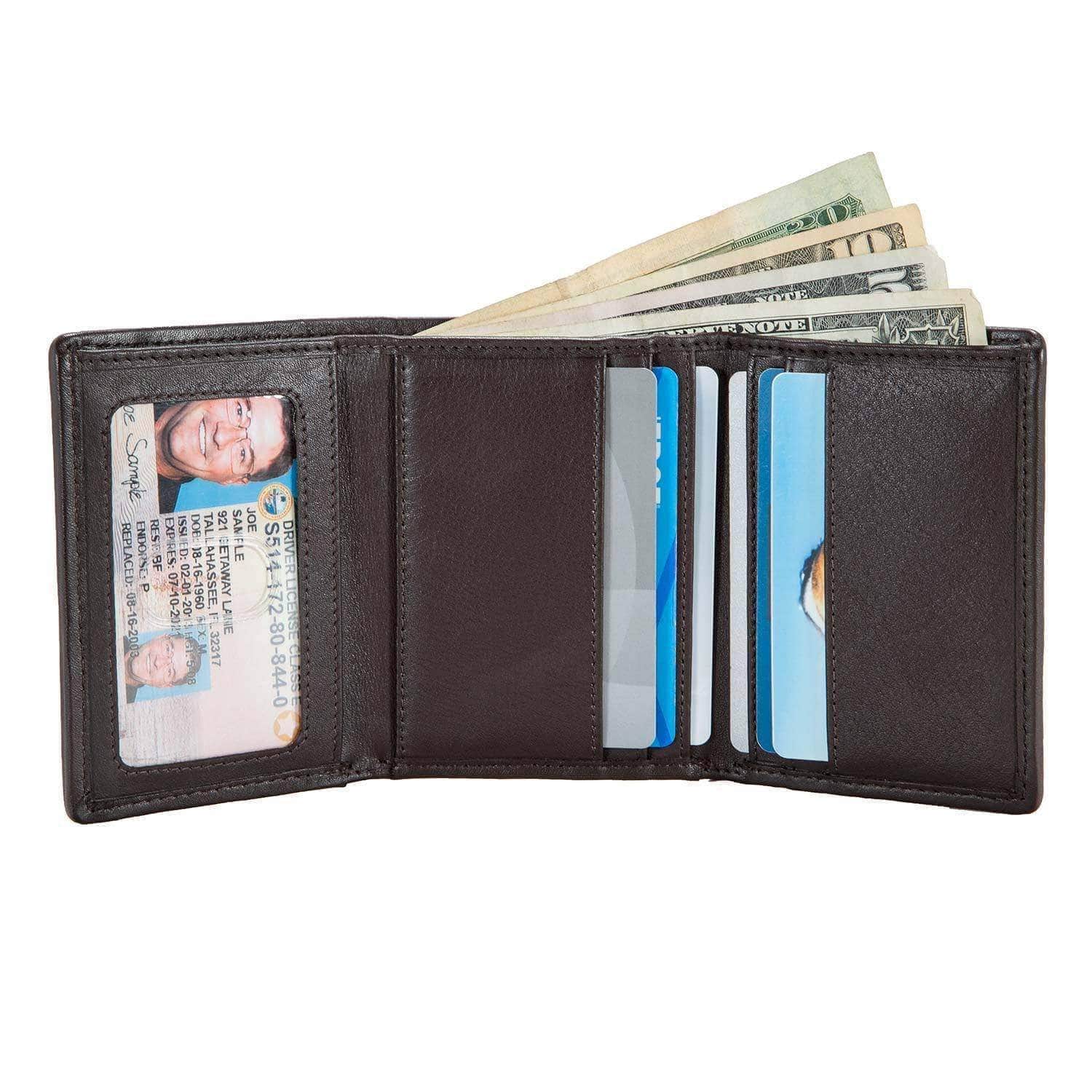 Mens Slim RFID Trifold Wallet with ID in Leather and Nylon - Dark Brown - IDSH7031 - dkbrn