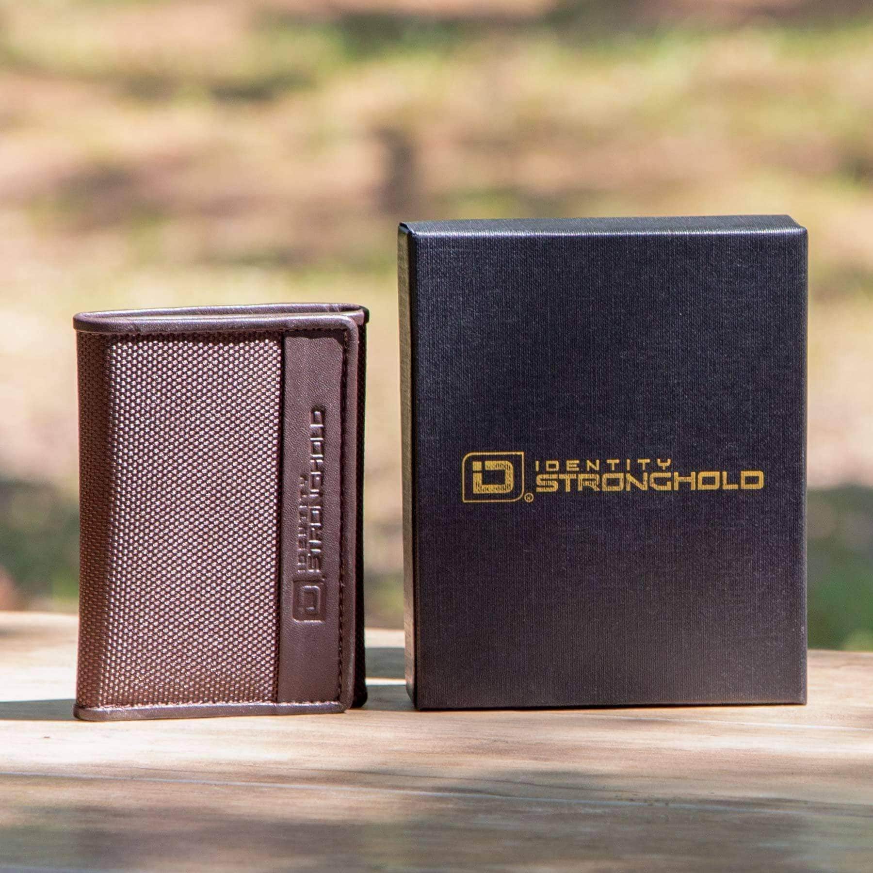 Mens Slim RFID Trifold Wallet with ID in Leather and Nylon - Dark Brown - IDSH7031 - dkbrn