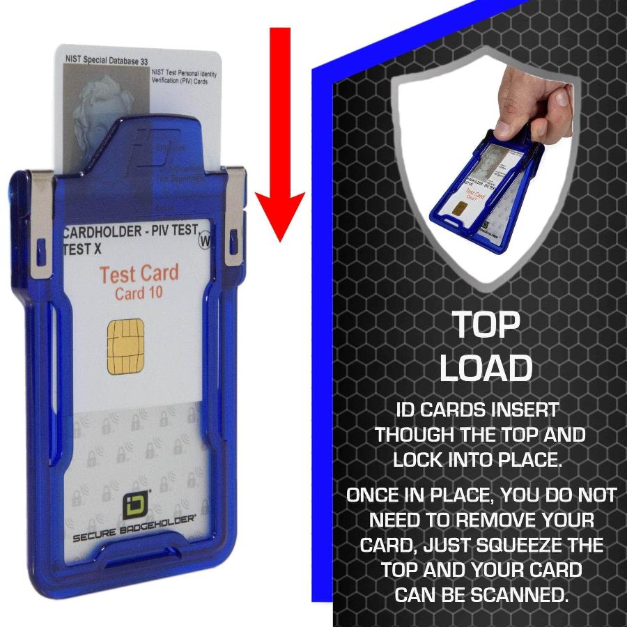 "Squeeze to Read" Secure Badge Holder Classic Vertical 1 ID Card Holder - Blue - IDSH1004 - 001B - Blu