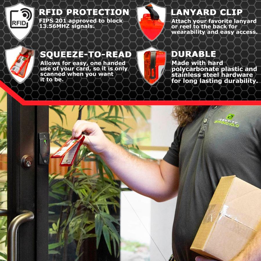"Squeeze to Read" Secure Badge Holder Classic Vertical 1 ID Card Holder - Red - IDSH1004 - 001B - Red