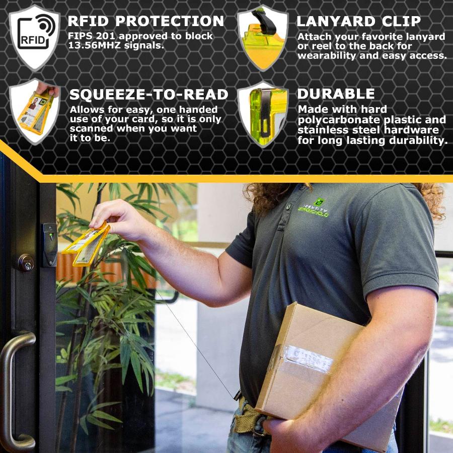 "Squeeze to Read" Secure Badge Holder Classic Vertical 1 ID Card Holder - Yellow - IDSH1004 - 001B - Ylw
