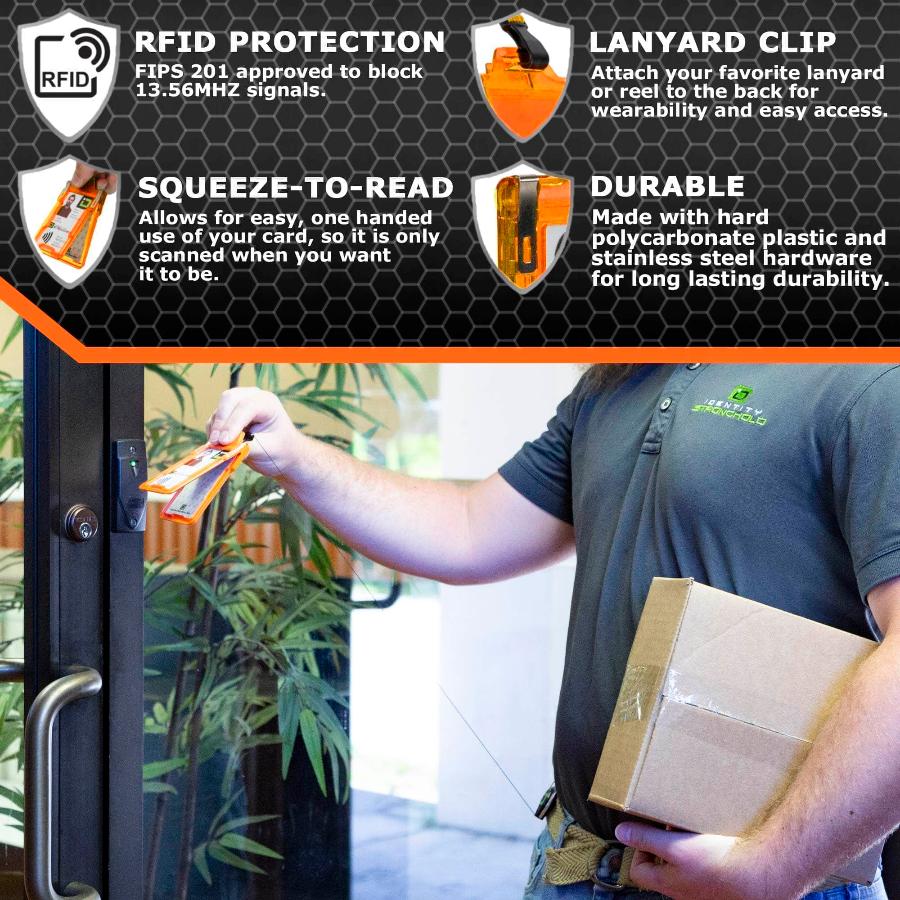 "Squeeze to Read" Secure Badge Holder Classic Vertical 1 ID Card Holder - Orange - IDSH1004 - 001B - Org