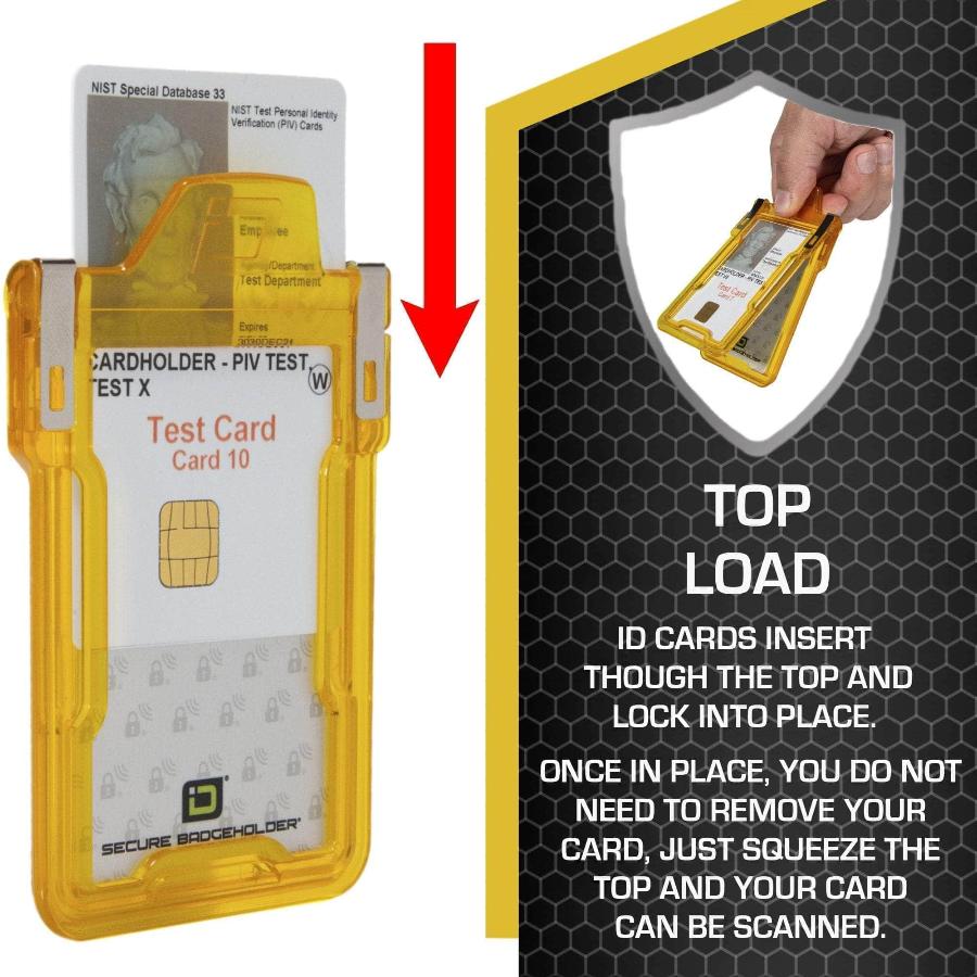 "Squeeze to Read" Secure Badge Holder Classic Vertical 1 ID Card Holder - Yellow - IDSH1004 - 001B - Ylw