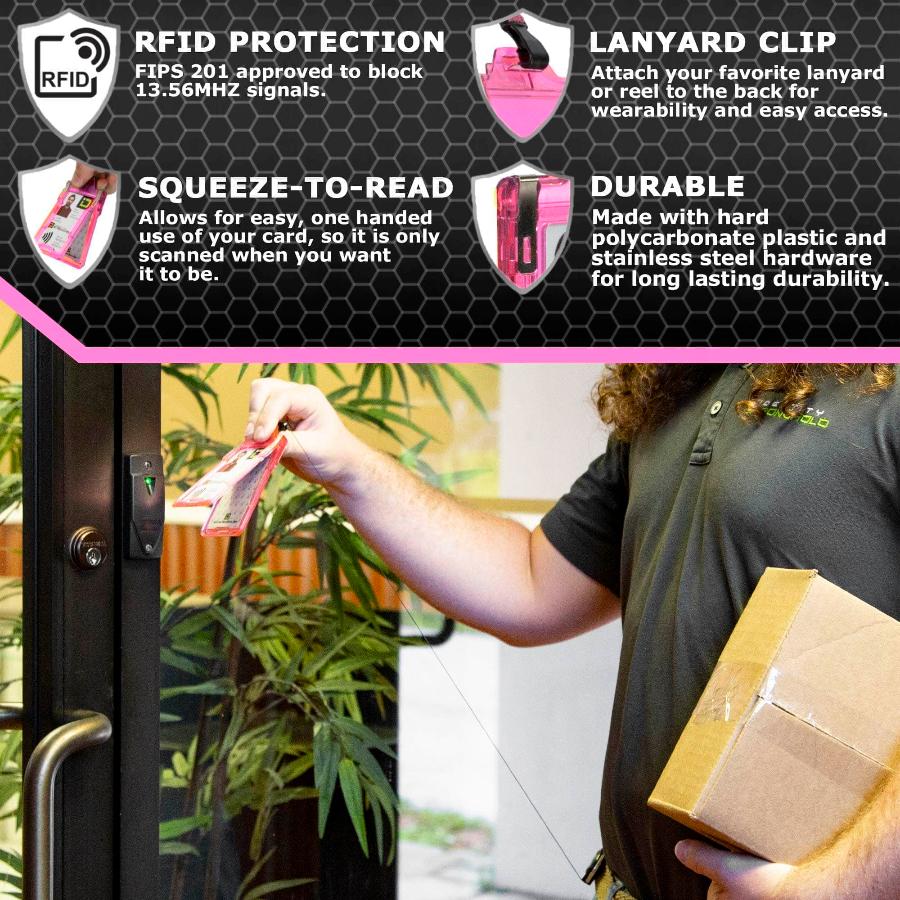 "Squeeze to Read" Secure Badge Holder Classic Vertical 1 ID Card Holder - Pink - IDSH1004 - 001B - Pnk