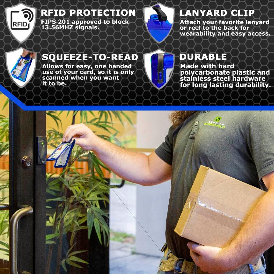 "Squeeze to Read" Secure Badge Holder Classic Vertical 1 ID Card Holder - Blue - IDSH1004 - 001B - Blu
