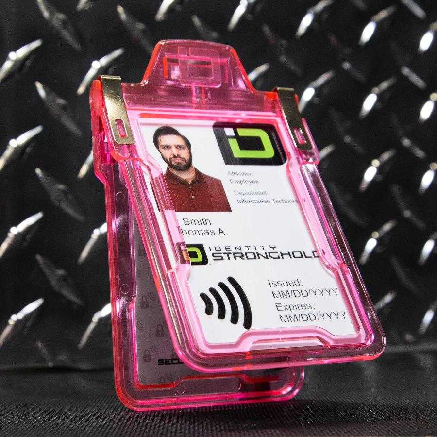 "Squeeze to Read" Secure Badge Holder Classic Vertical 1 ID Card Holder - Pink - IDSH1004 - 001B - Pnk