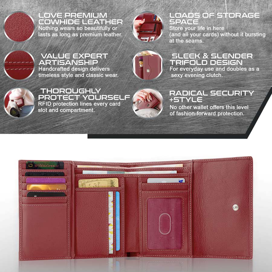 RFID Blocking Women's Leather Trifold Wallet - Red - IDSH7102 - red