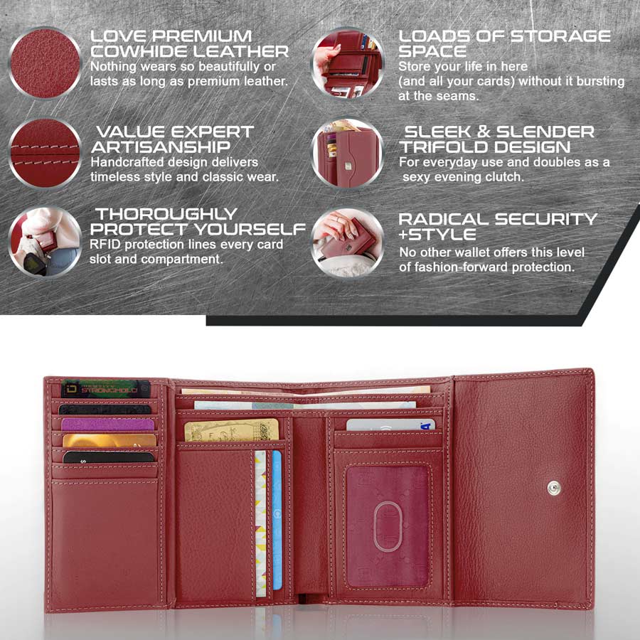 PU Leather Wallets for Women RFID Wallet Multiple Card Slots-Wine Red