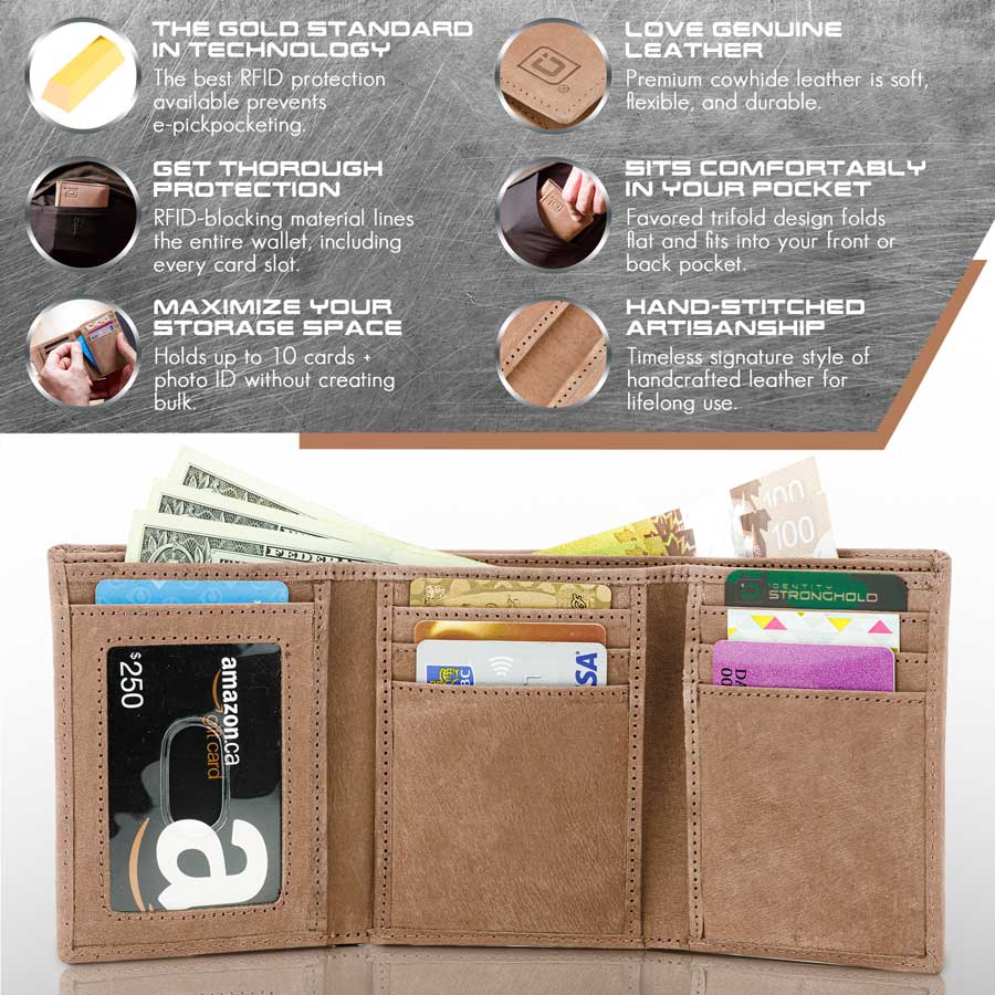 Safe Harbor ® Mens RFID Wallet - Extra Capacity Trifold 8 slot with ID Window - Tan - IDSH7003 - ID - sndstn